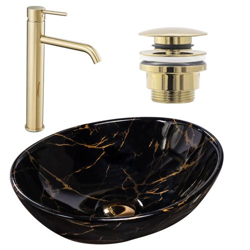 Комплект Умивалник за плот Sofia marble black + Смесител за баня Lungo gold + Изпускателен клапан gold